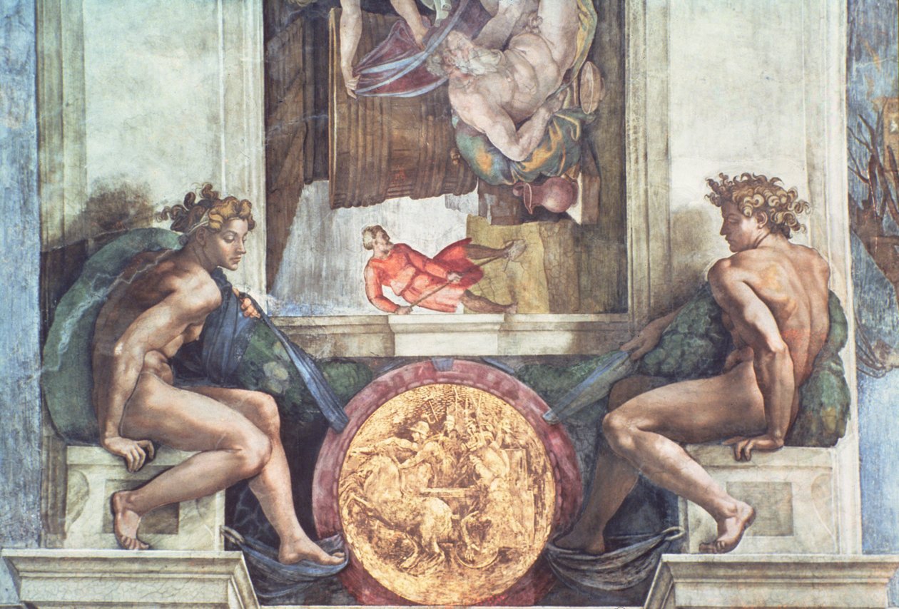 Techo de la Capilla Sixtina: Ignudi (antes de la restauración) de Michelangelo Buonarroti