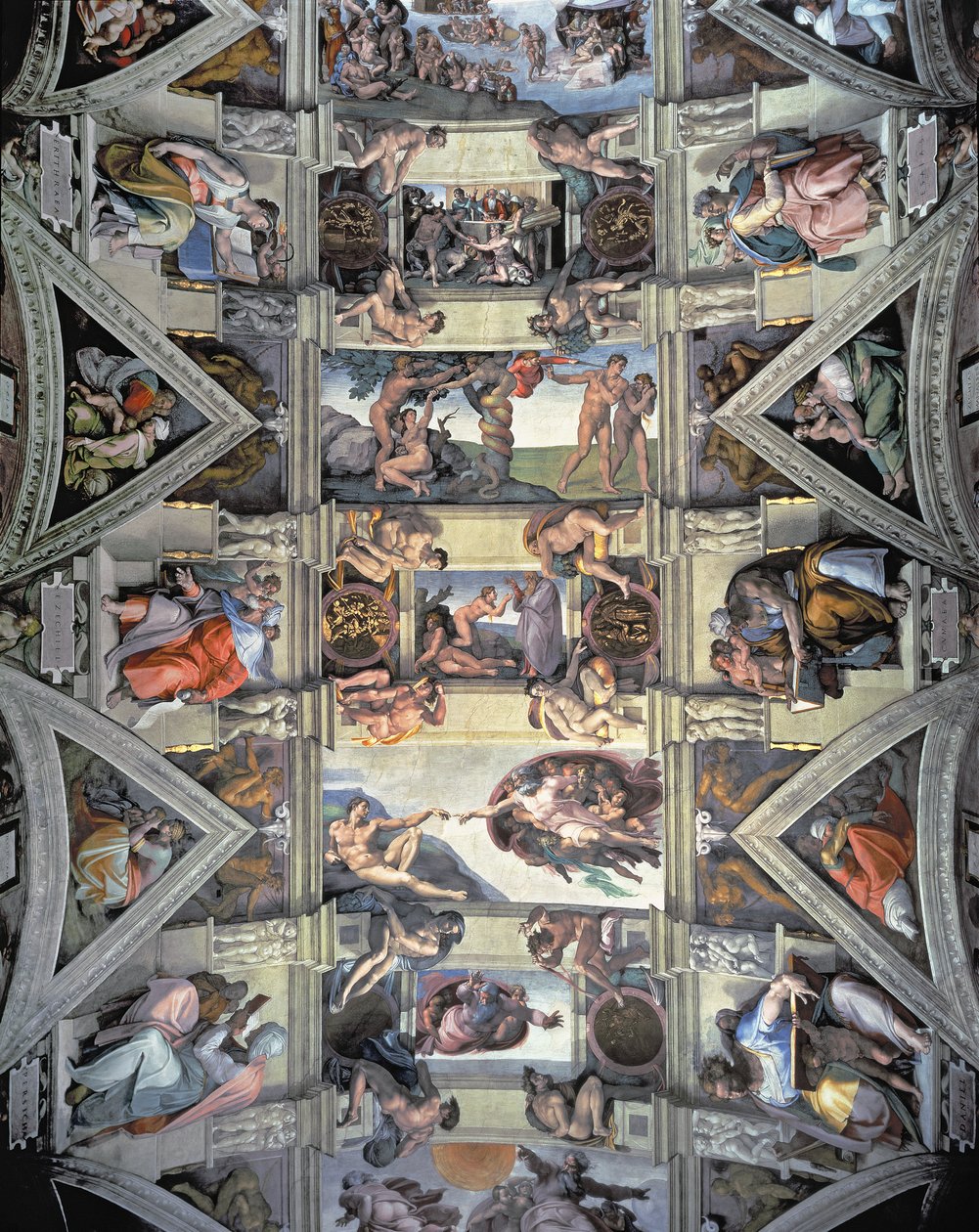 Techo y lunetos de la Capilla Sixtina, 1508-12 (post restauración) de Michelangelo Buonarroti