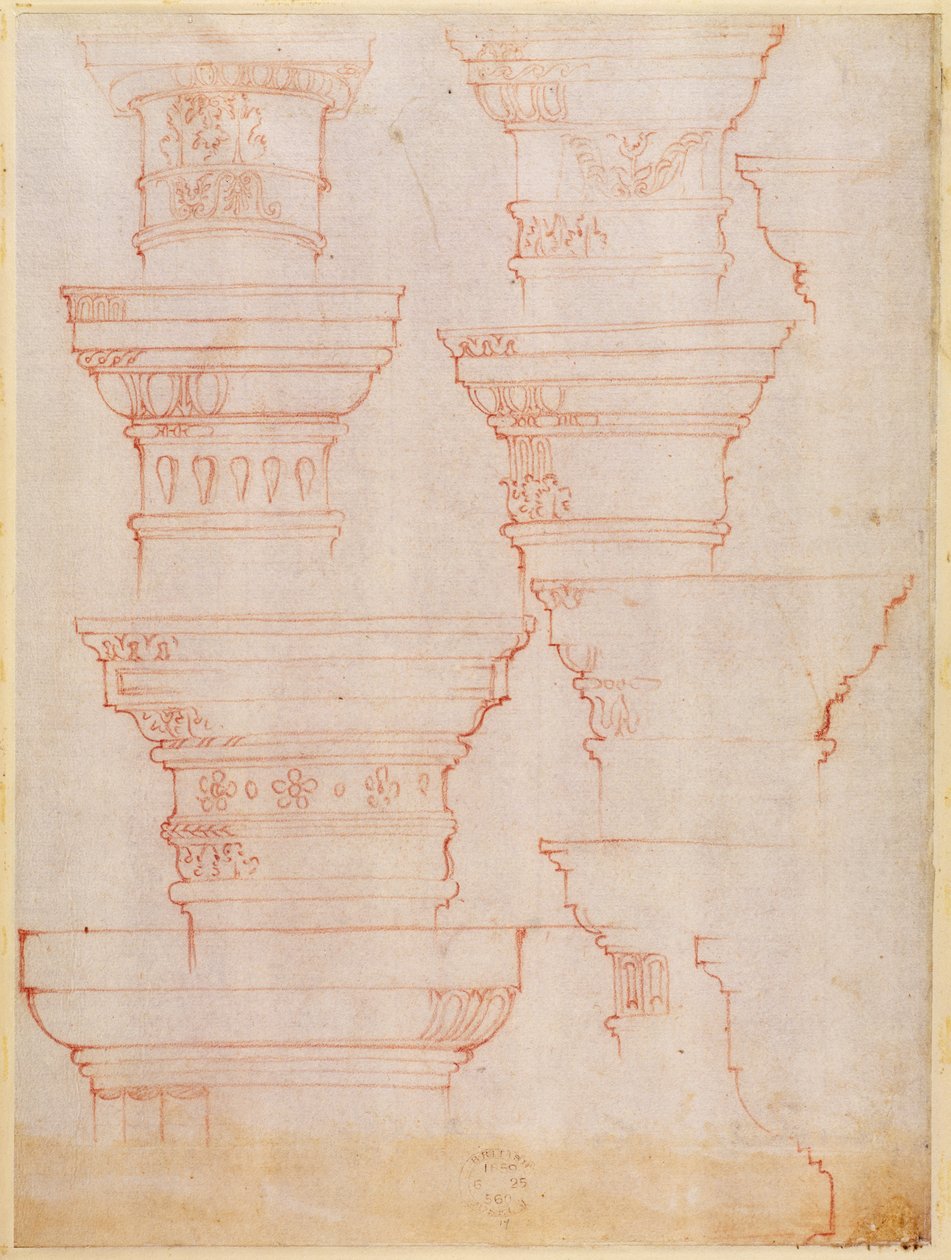 Estudio de capiteles de columnas (lápiz de color) de Michelangelo Buonarroti