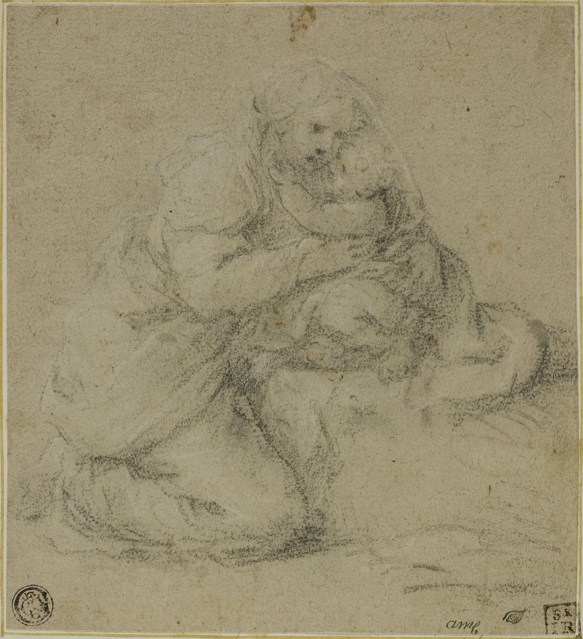 Madre arrodillada abrazando a su hijo de Michelangelo Anselmi