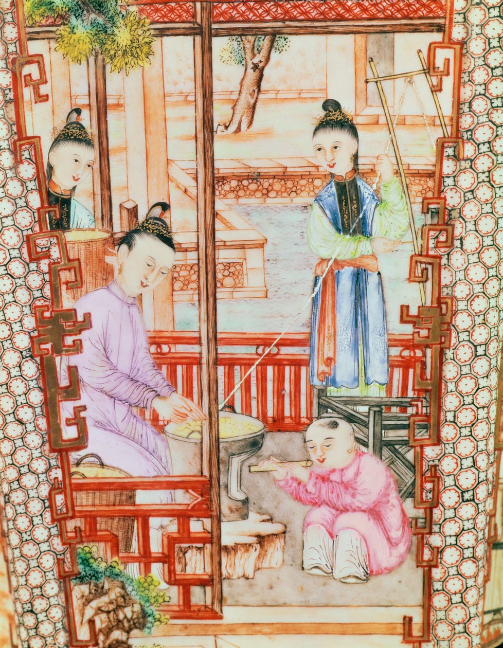 (detalle) de un jarrón que representa mujeres hilando seda de Ming Dynasty Chinese School