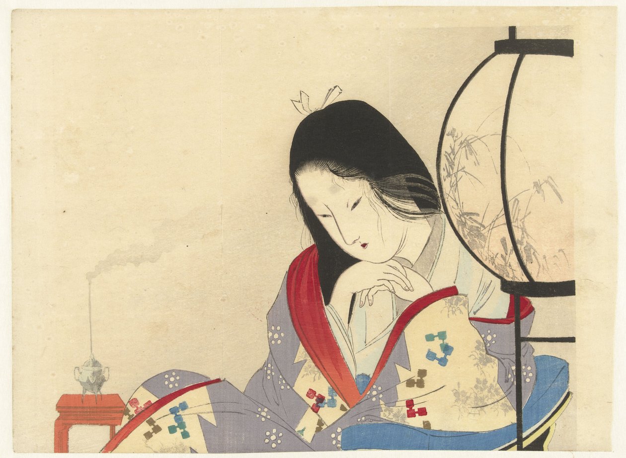 Mujer en un Interior junto a una lámpara de Mizuno Toshikata