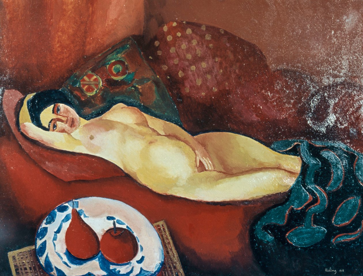 Desnudo en sofá rojo (óleo sobre lienzo) de Moise Kisling