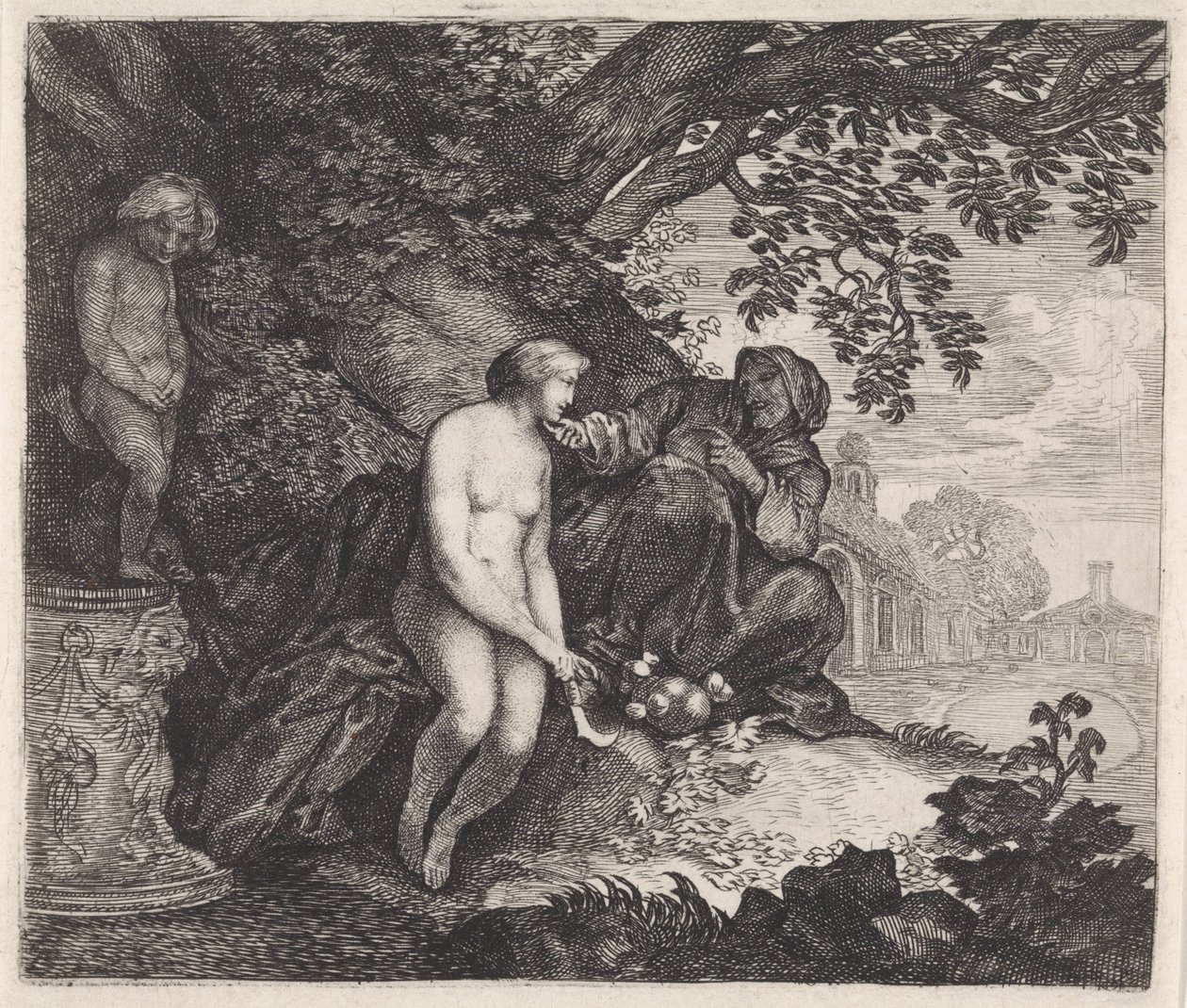 Vertumnus intenta seducir a Pomona de Moyses van Wtenbrouck