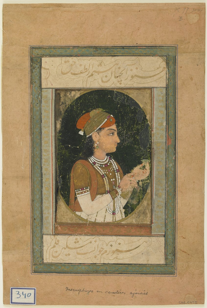 Retrato de una princesa, folio de álbum con pintura, mediados del siglo XVIII de Mughal School