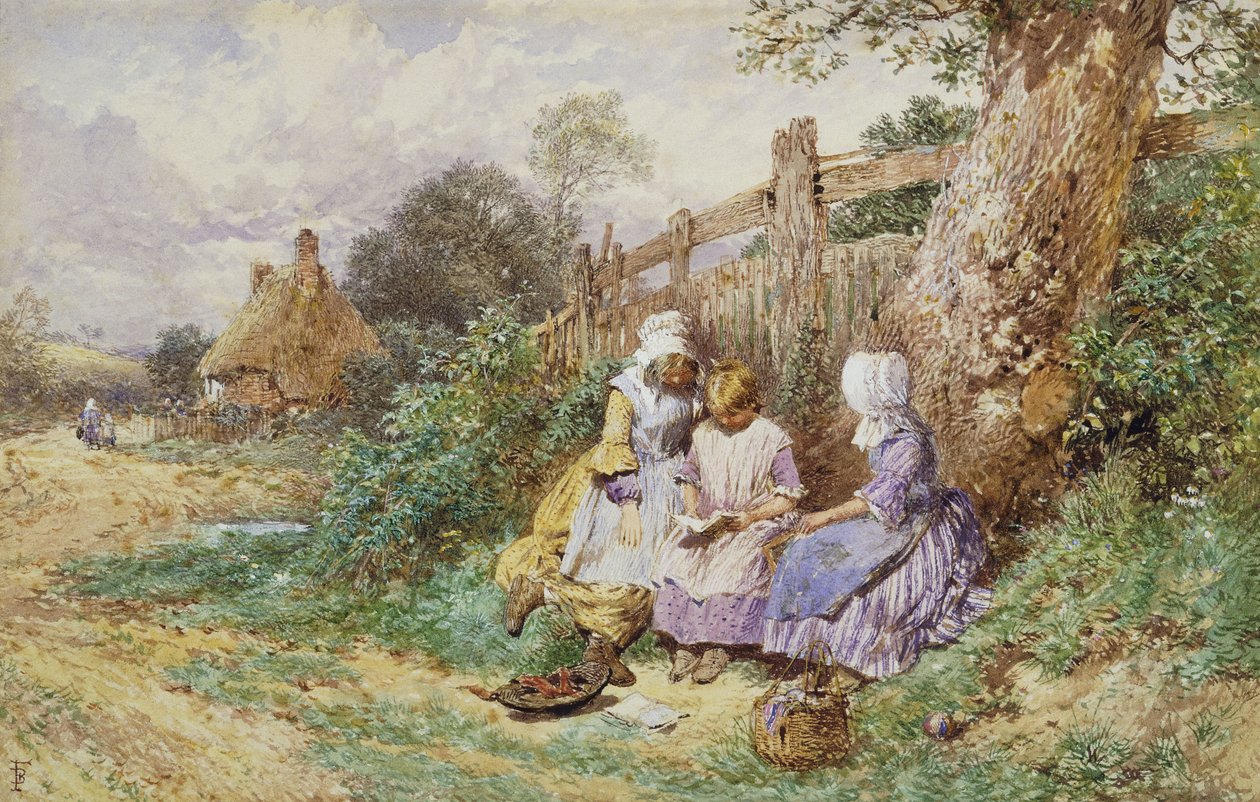 Niños leyendo junto a un camino rural de Myles Birket Foster