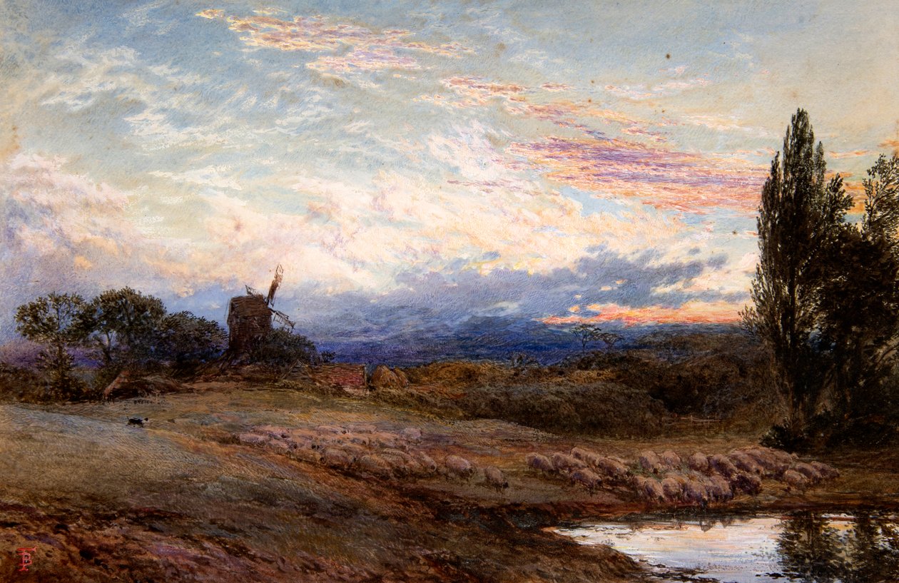 Ovejas abrevando al atardecer (acuarela) de Myles Birket Foster