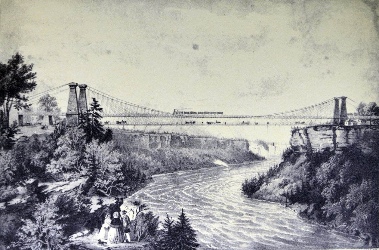 El puente colgante del ferrocarril, cerca de las Cataratas del Niágara de N. and Ives, J.M. Currier