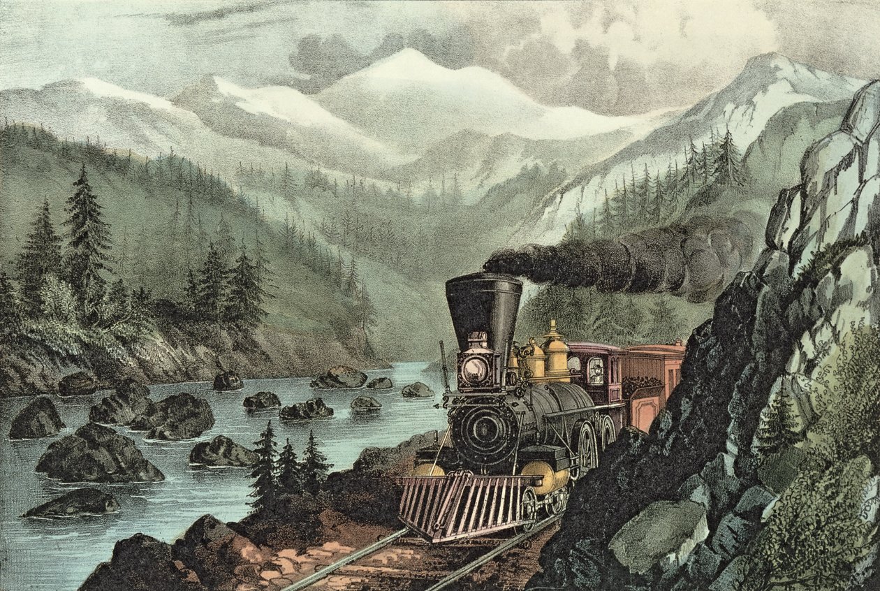 La Ruta a California. Río Truckee, Sierra Nevada. Ferrocarril Central del Pacífico, 1871 de N. and Ives, J.M. Currier