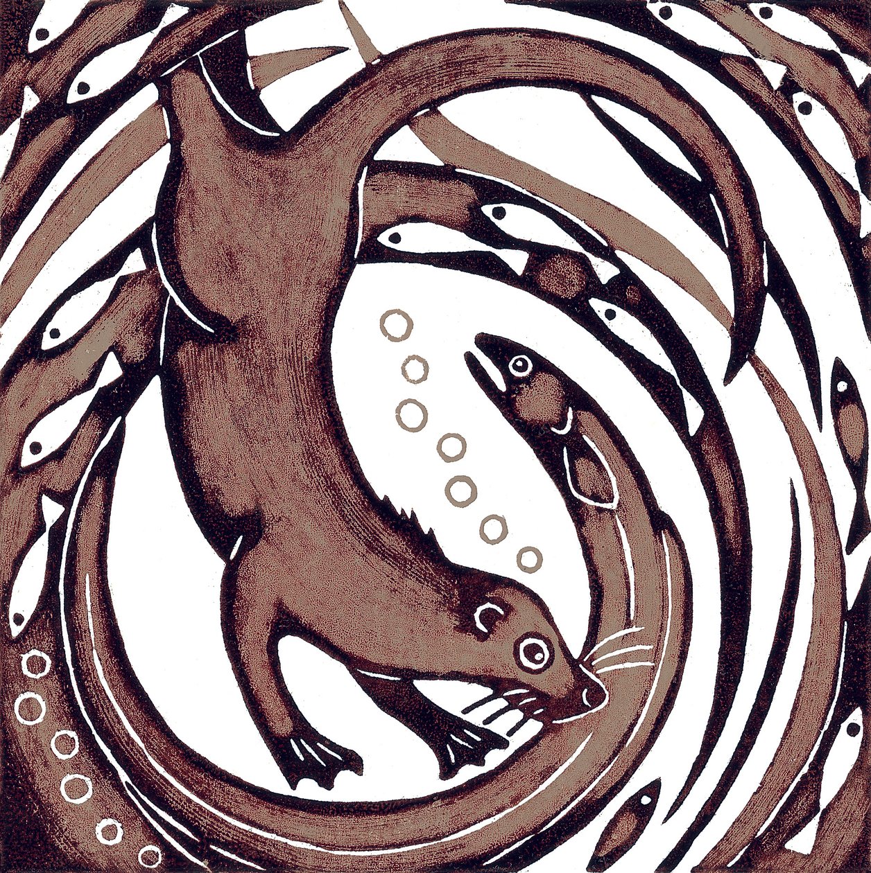 Nutria con anguila, 2010 (xilografía en color) de Nat Morley