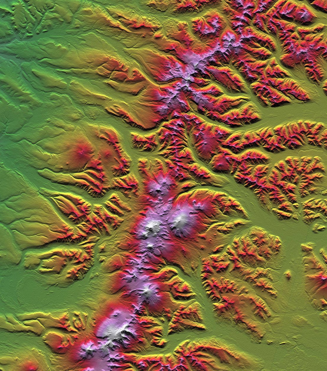 Sredinnyy Khrebet, península de Kamchatka, Rusia, mostrada en esta imagen creada a partir de un modelo de elevación preliminar basado en los primeros datos recopilados durante la misión del radar del transbordador. Crédito NASA. Ciencia Tierra Geología de National Aeronautics and Space Administration National Aeronautics and Space Administration