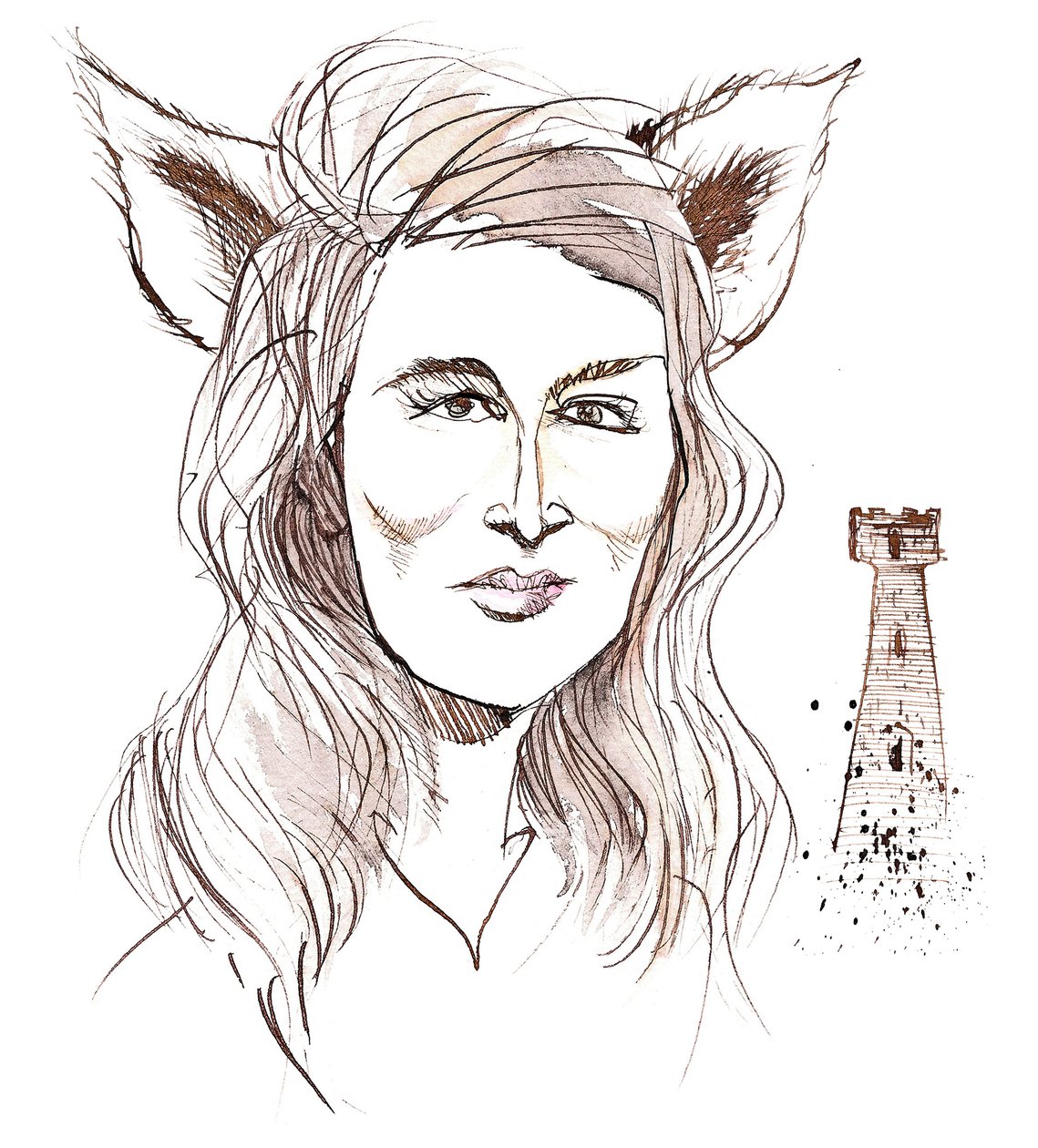 Angela Carter, novelista y periodista inglesa; caricaturizada con orejas de lobo en referencia a su historia La Compañía de los Lobos del libro La Cámara Sangrienta (1979) de Neale Osborne