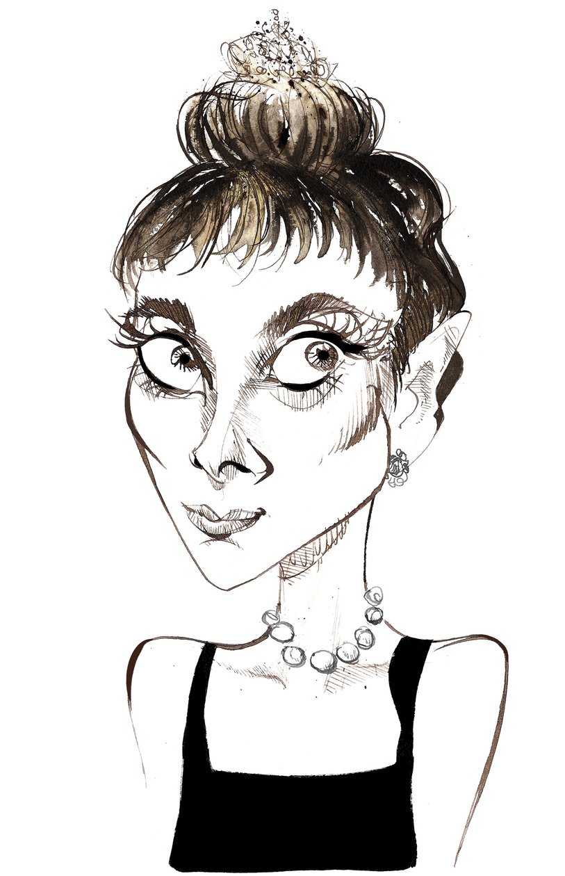 Audrey Hepburn (1929-1993), actriz nacida en Bélgica, caricatura en color como Holly Golightly de la película de 1961 Desayuno con diamantes (dirigida por Blake Edwards) de Neale Osborne