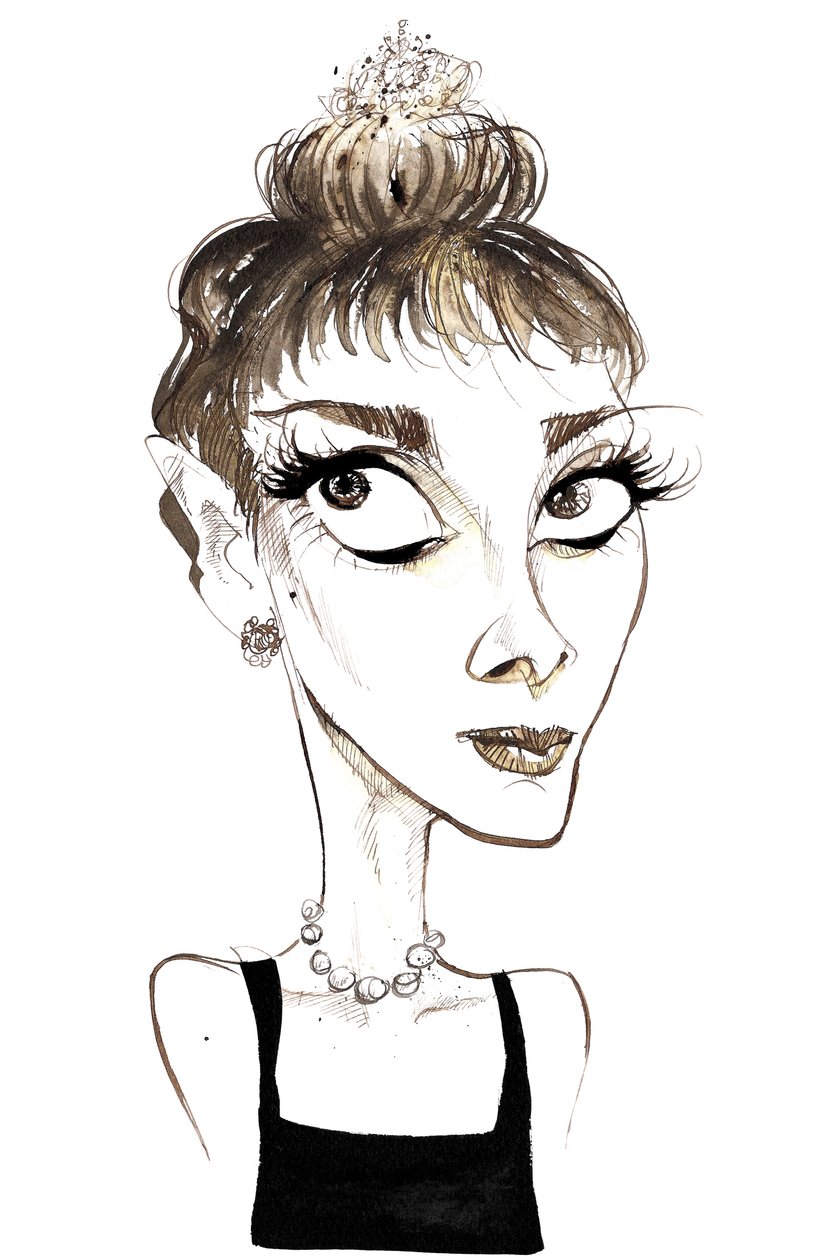 Audrey Hepburn (1929-1993), actriz nacida en Bélgica, caricatura en color como Holly Golightly de la película de 1961 Desayuno con diamantes (dirigida por Blake Edwards) de Neale Osborne