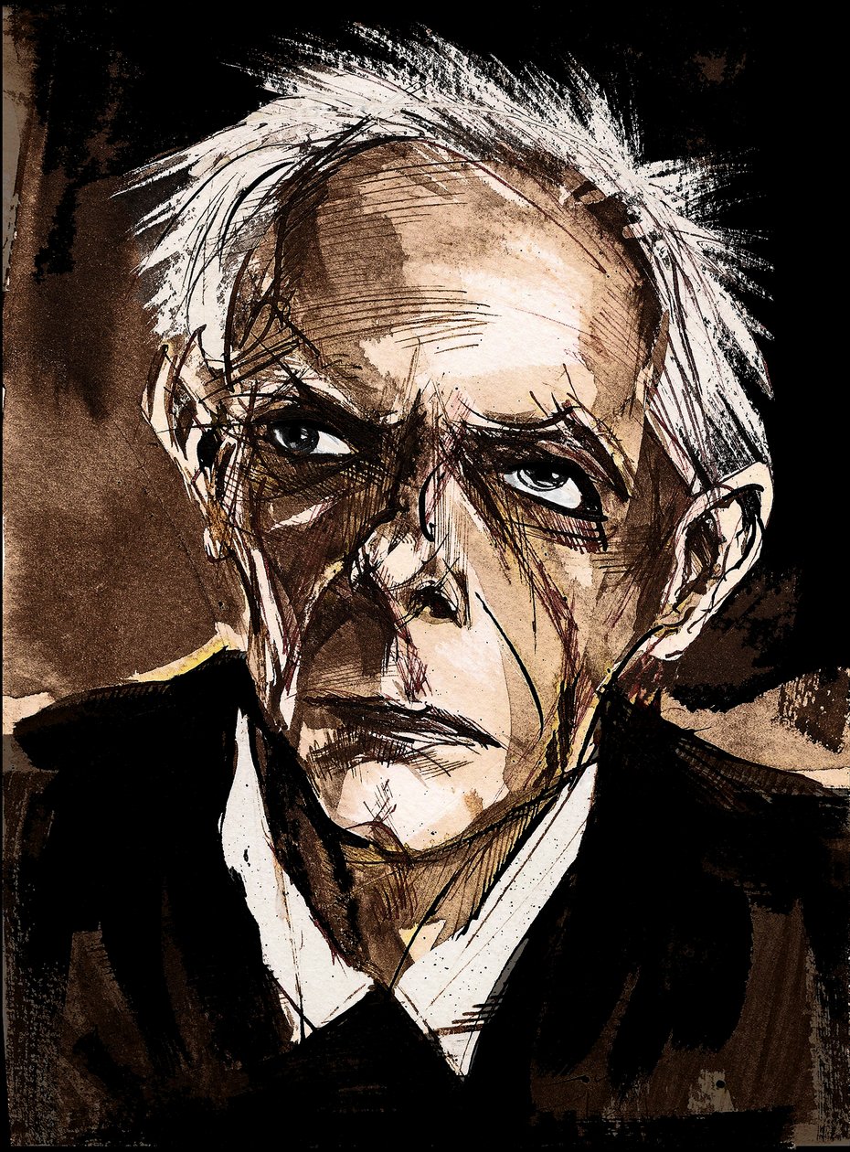 Bela Bartok por Neale Osborne, caricatura en pluma y acuarela de Neale Osborne