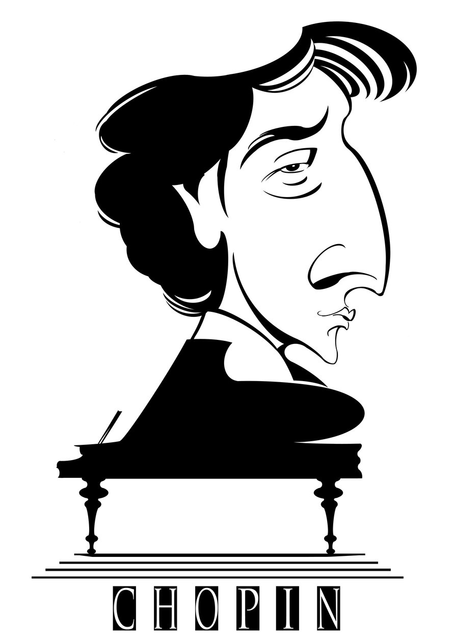 Frédéric Chopin, compositor y pianista franco-polaco (1810-49), caricatura en blanco y negro con piano de Neale Osborne