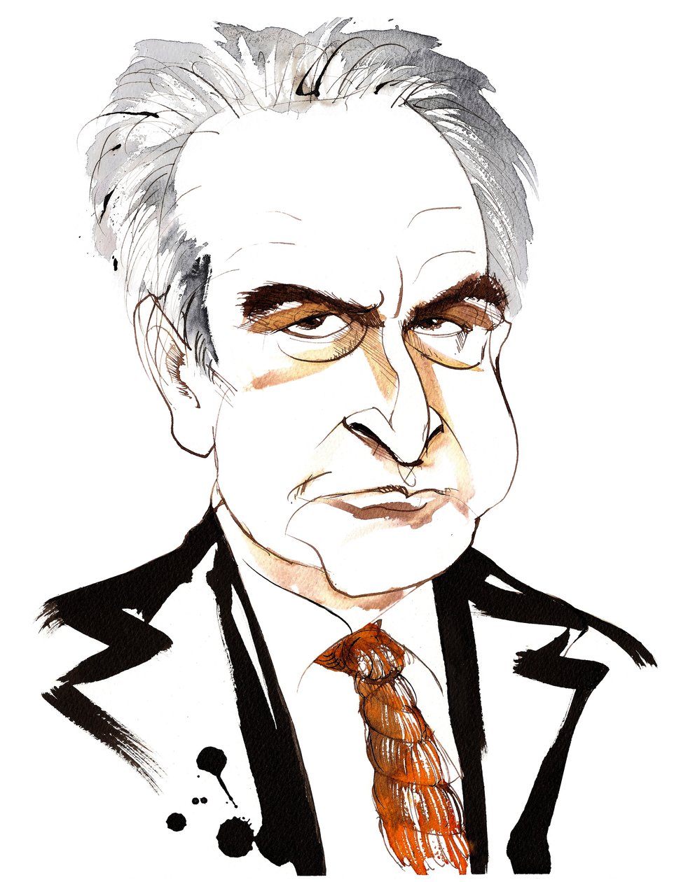 John Banville, novelista y guionista irlandés; escritor de crímenes bajo el seudónimo Benjamin Black; caricatura con corbata de lazo de Neale Osborne