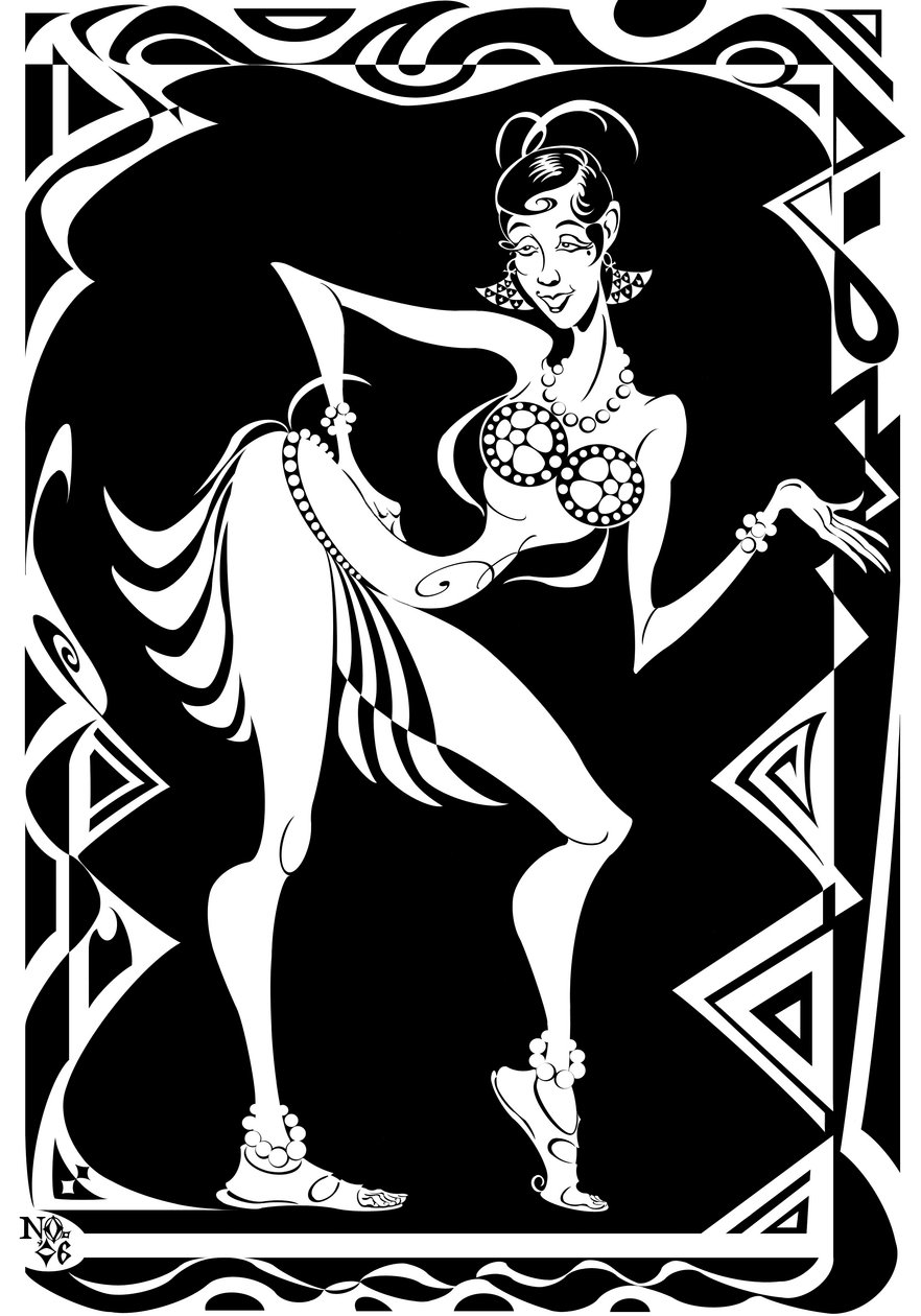 Josephine Baker, bailarina y cantante estadounidense (1906-75), caricatura en blanco y negro con borde en zigzag, 2006 por Neale Osborne de Neale Osborne