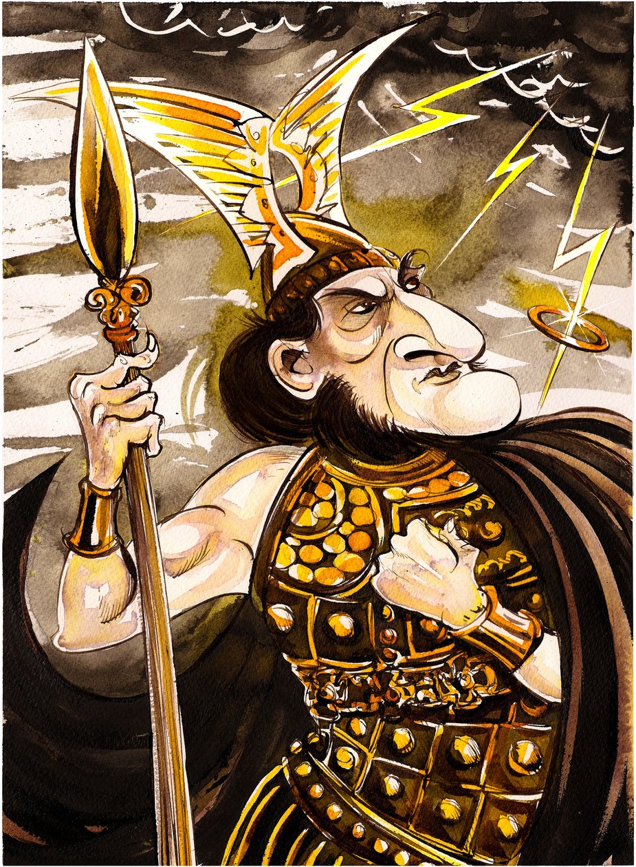 Richard Wagner como Wotan - caricatura como gobernante de los dioses en el ciclo de óperas El anillo del nibelungo (1876) de Neale Osborne