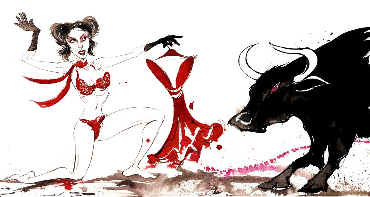 Signos del Zodiaco: Tauro torero (de una serie de caricaturas de moda, una para cada signo del zodiaco) de Neale Osborne