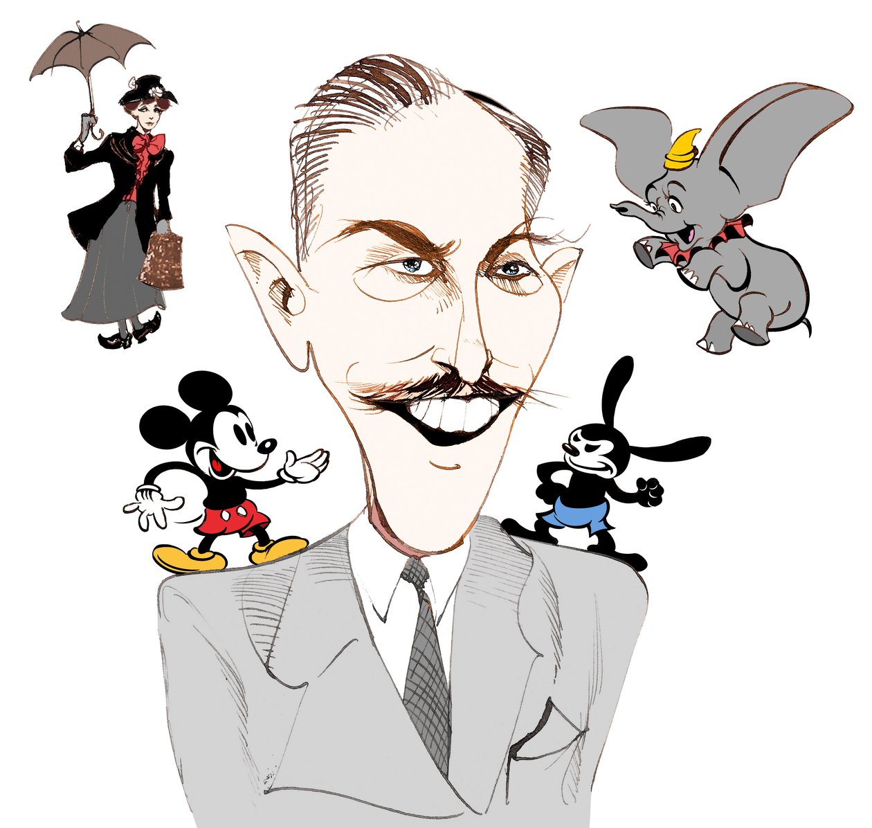 Walt Disney, productor de cine estadounidense, magnate de negocios, dibujante y animador; caricaturizado con Mary Poppins de Neale Osborne