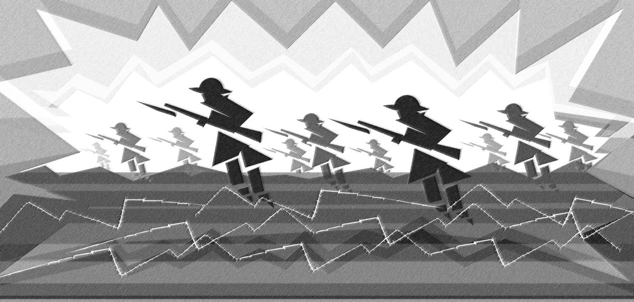Soldados de la Primera Guerra Mundial con bayonetas - emergiendo de las trincheras de Neale Osborne