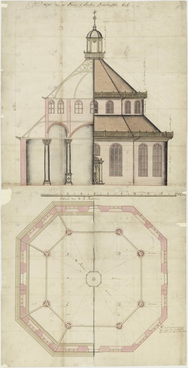 Dibujo arquitectónico para una iglesia a construir en Batavia de Nederlands