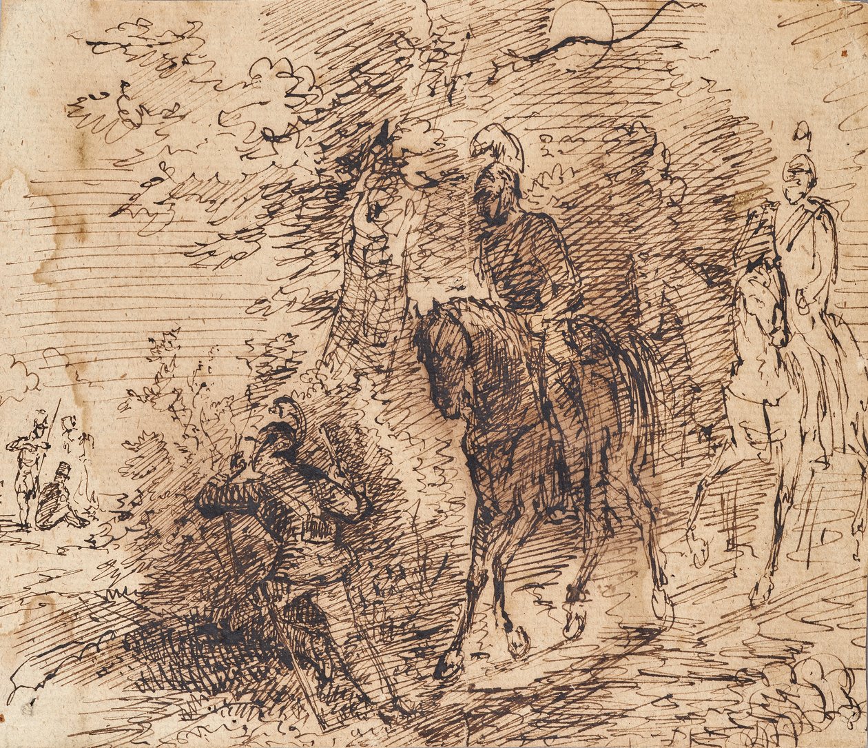 Los soldados montados observan a otros tres soldados. de Leopold Blonder