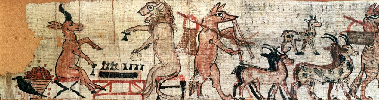 El Papiro Satírico, (detalle) del lado izquierdo que muestra a un león y un antílope jugando al juego senet, de Tebas, c.1100 a.C. de New Kingdom Egyptian