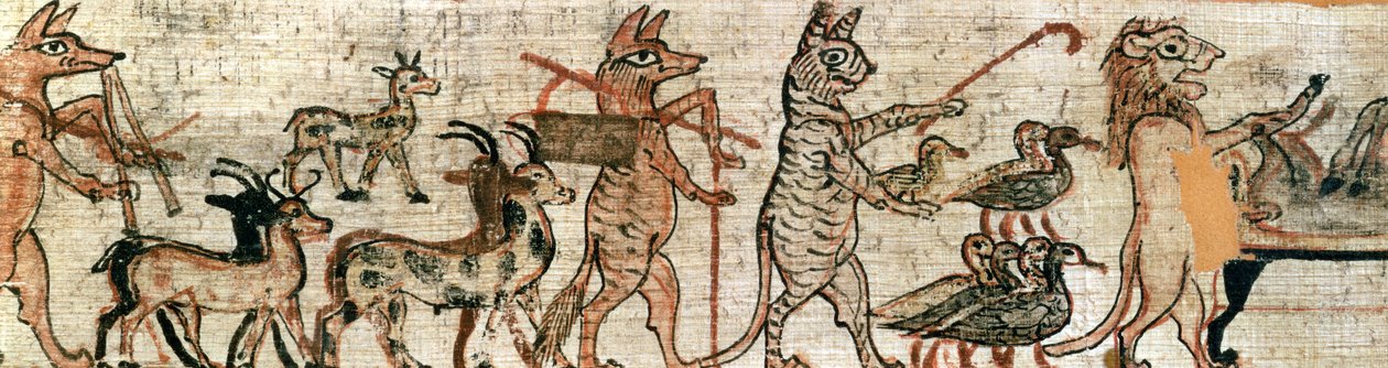 El Papiro Satírico, (detalle) del lado derecho de un gato pastoreando gansos y un león momificando un burro, de Tebas, c.1100 a.C. de New Kingdom Egyptian