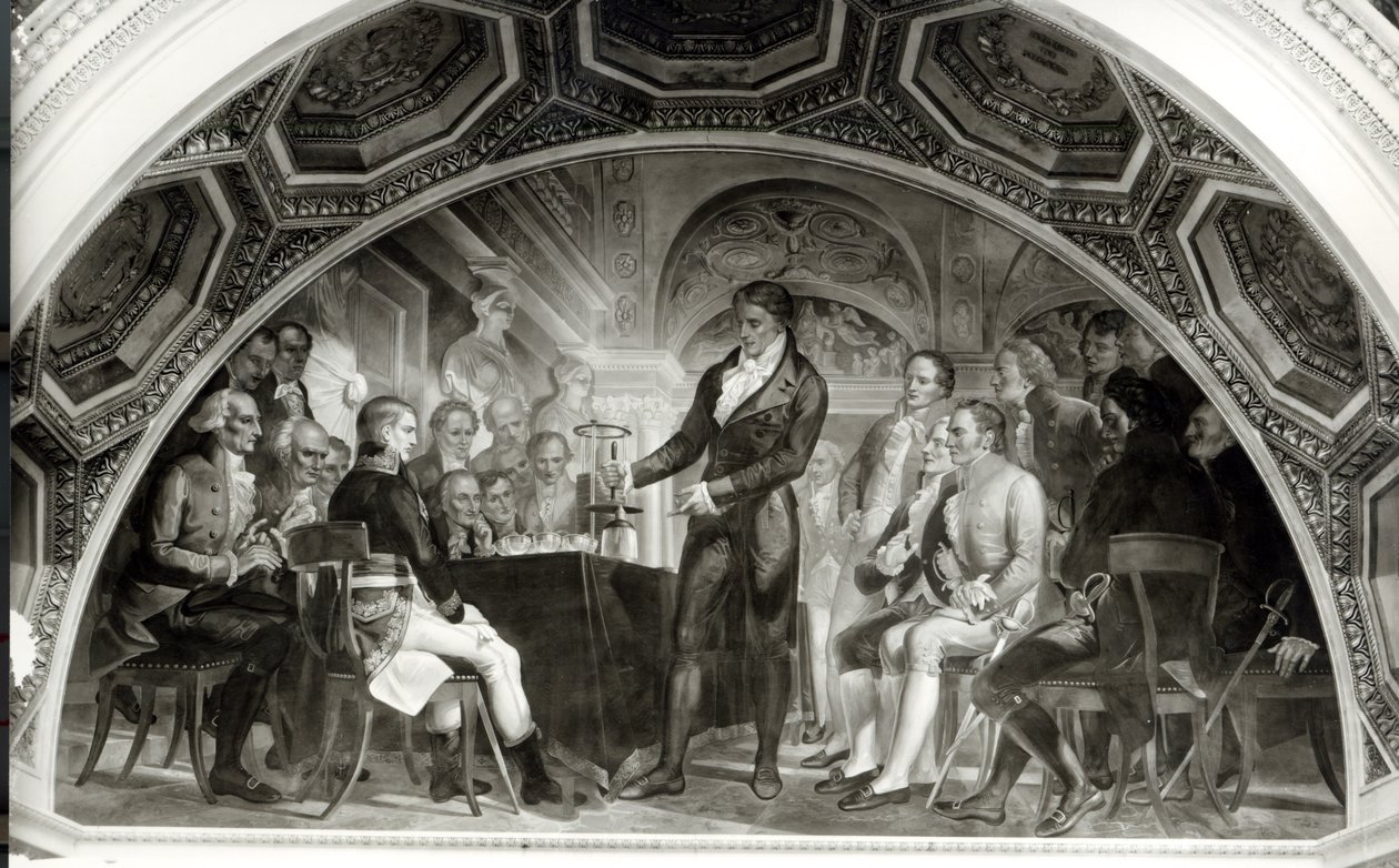 El Juicio de Galileo (1564-1642). Alessandro Volta (1745-1827) presentando sus experimentos con una batería eléctrica a Napoleón (1769-1821) de Nicola Cianfanelli