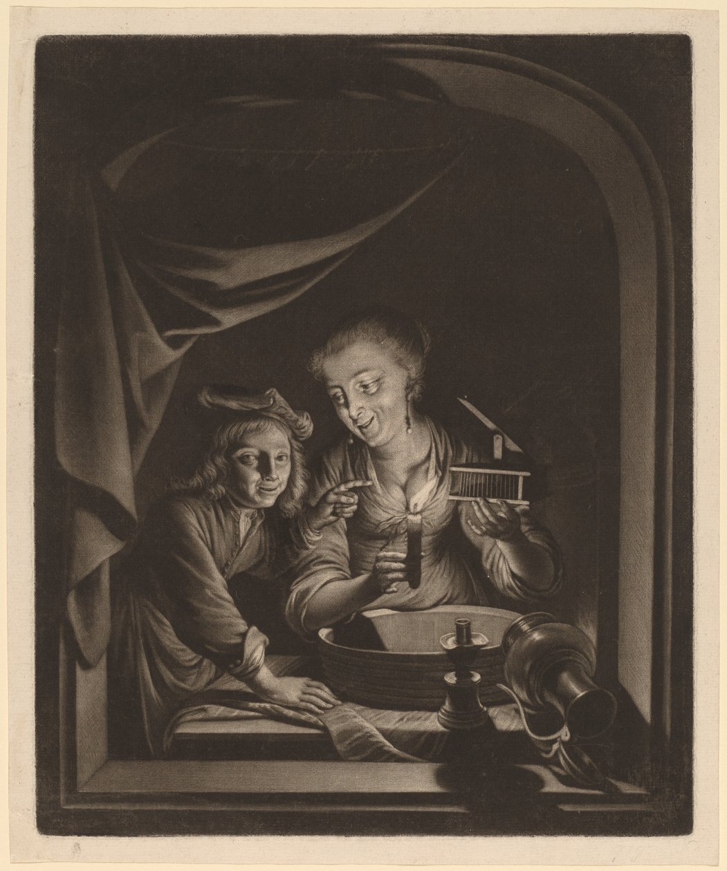 Doncella con una trampa para ratones de Nicolaas Verkolje after Gerrit Dou