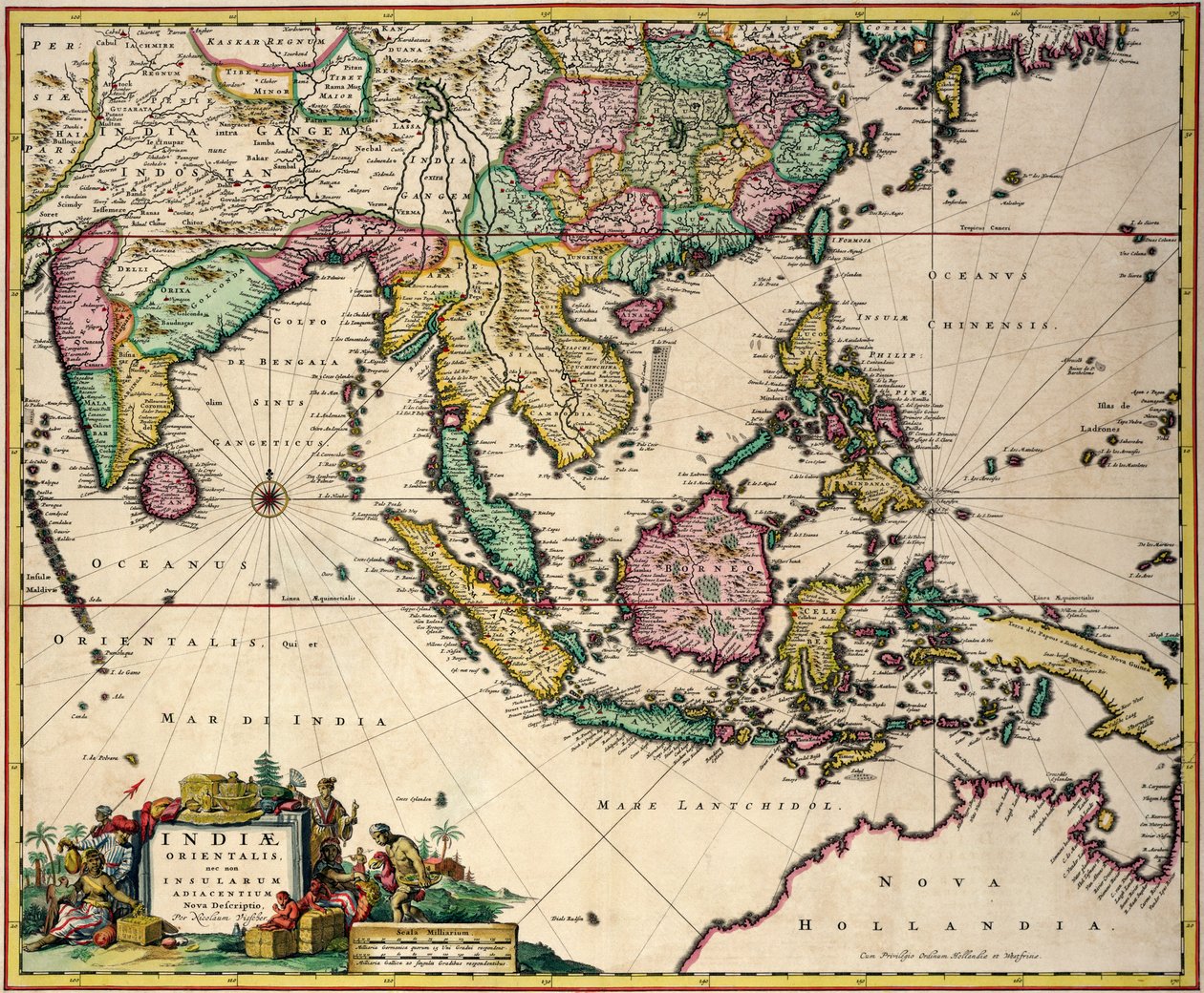 Mapa general que se extiende desde India y Ceilán hasta el noroeste de Australia pasando por el sur de Japón, Filipinas, la península malaya y el archipiélago indonesio de Nicolaes Jansz Visscher