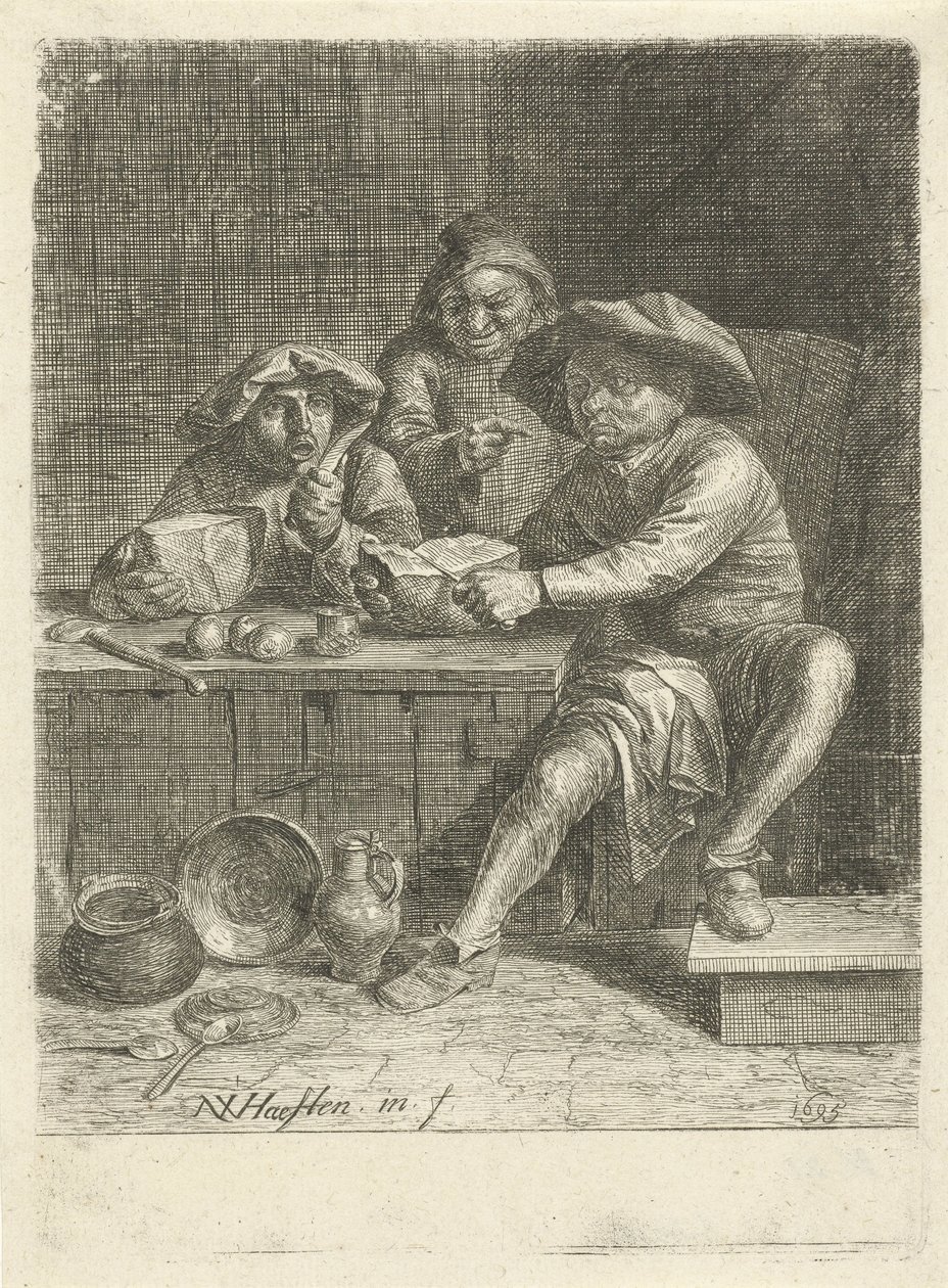 Granjeros en una mesa con pan de Nicolaes van Haeften