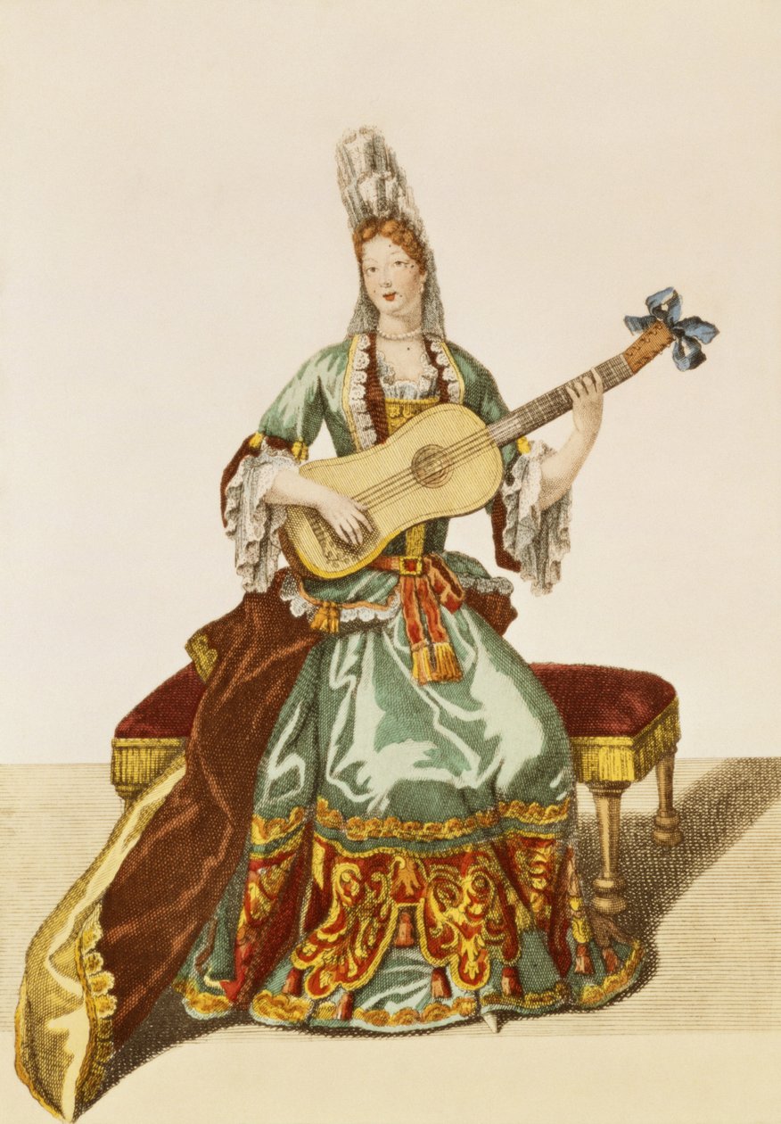 Dama de calidad tocando la guitarra, lámina de moda, c.1695 de Nicolas Bonnart