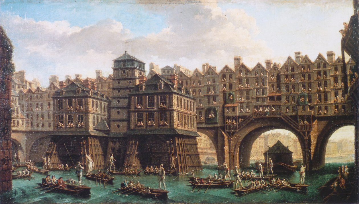 La justa de los marineros entre el Pont-Notre-Dame y el Pont-au-Change de Nicolas Jean Baptiste Raguenet