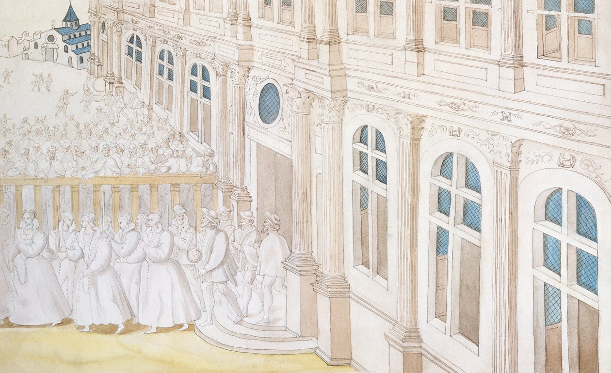 Procesión de la Reina Louise de Lorraine-Vaudemont (1553-1601) saliendo del Palais du Louvre hacia la Maison de Charite, 1584 de Nicolas attr. to Houel