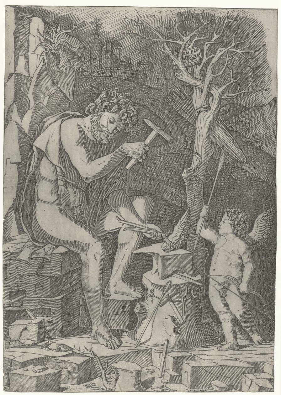 Vulcano forja el ala de Cupido de Nicoletto da Modena