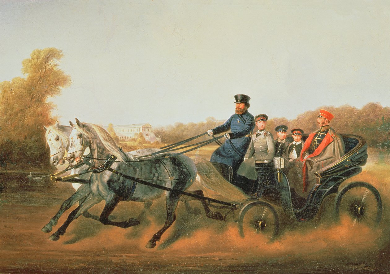 El Zar Alejandro II (1818-81) Conduciendo con sus Hijos en Zarskoje Selo, 1850s de Nikolai Egorevich Sverchkov