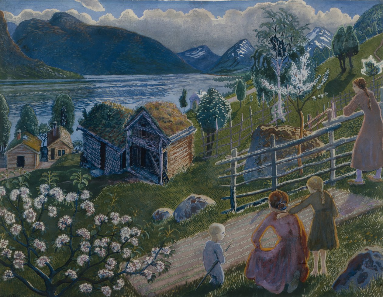 Clima gris en Sandalsstrand (óleo sobre lienzo) de Nikolai Astrup