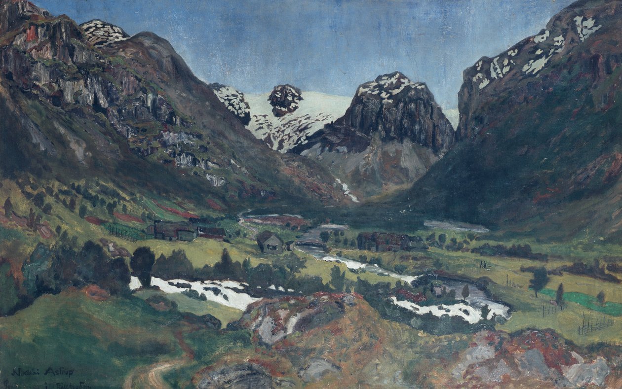 Noche de junio en el pueblo de montaña. de Nikolai Astrup