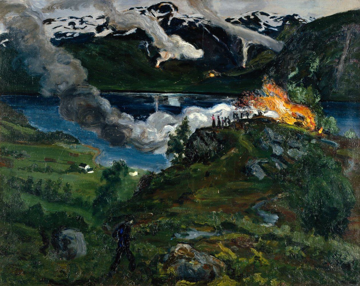 Fuego de verano junto al agua de Jølster de Nikolai Astrup