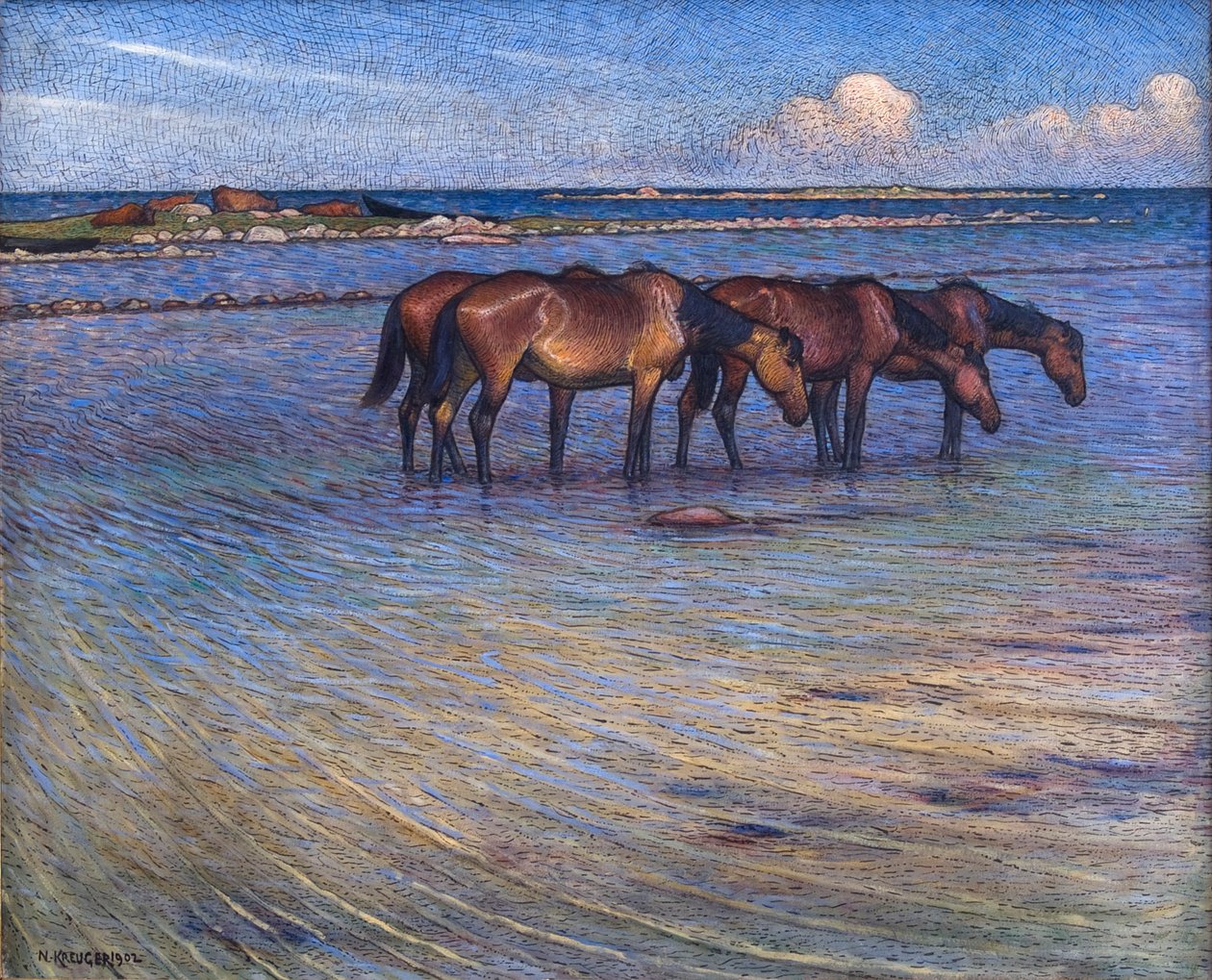 Caballos que se refrescan en el agua de Nils Kreuger