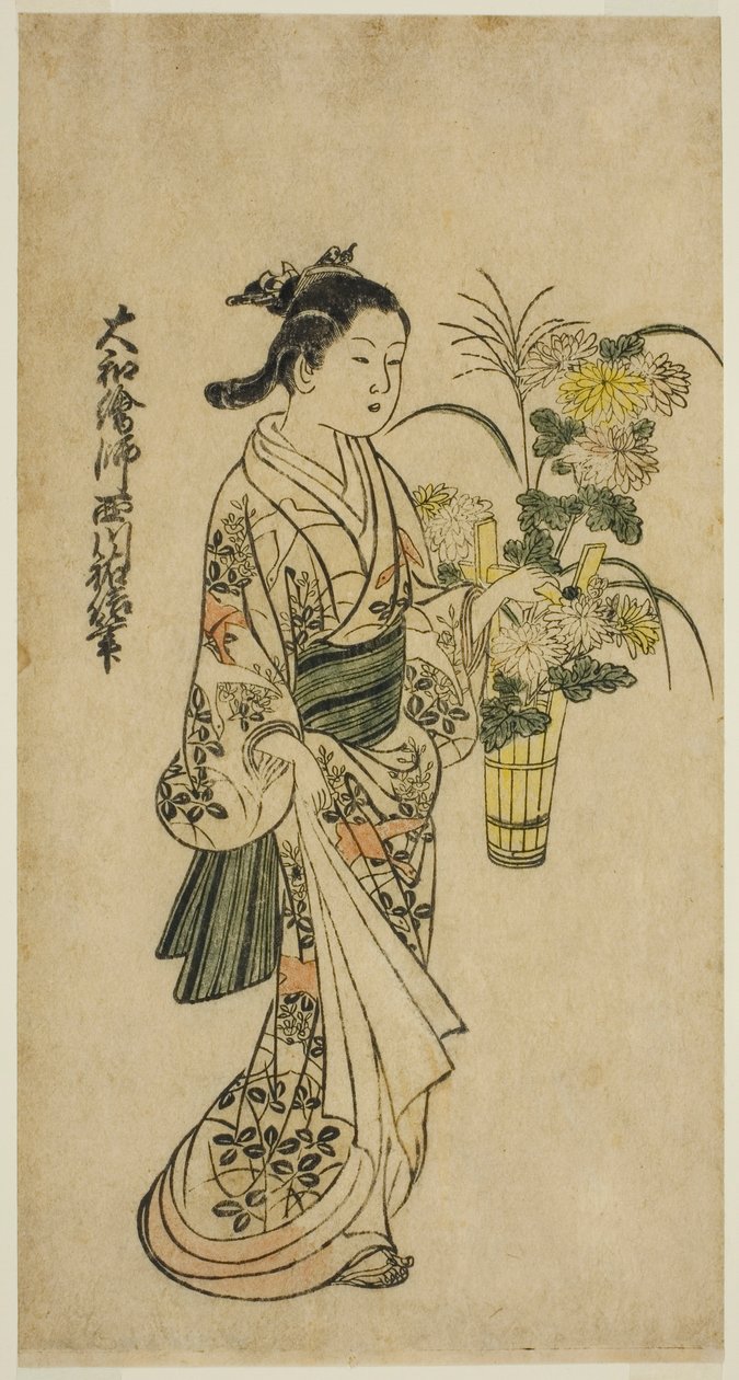 Joven niña llevando un arreglo floral de Nishikawa Sukenobu
