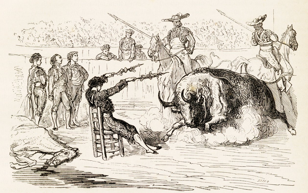 Un banderillero español colocando las banderillas sentado en una silla, 1878 de Noel Eugene Sotain