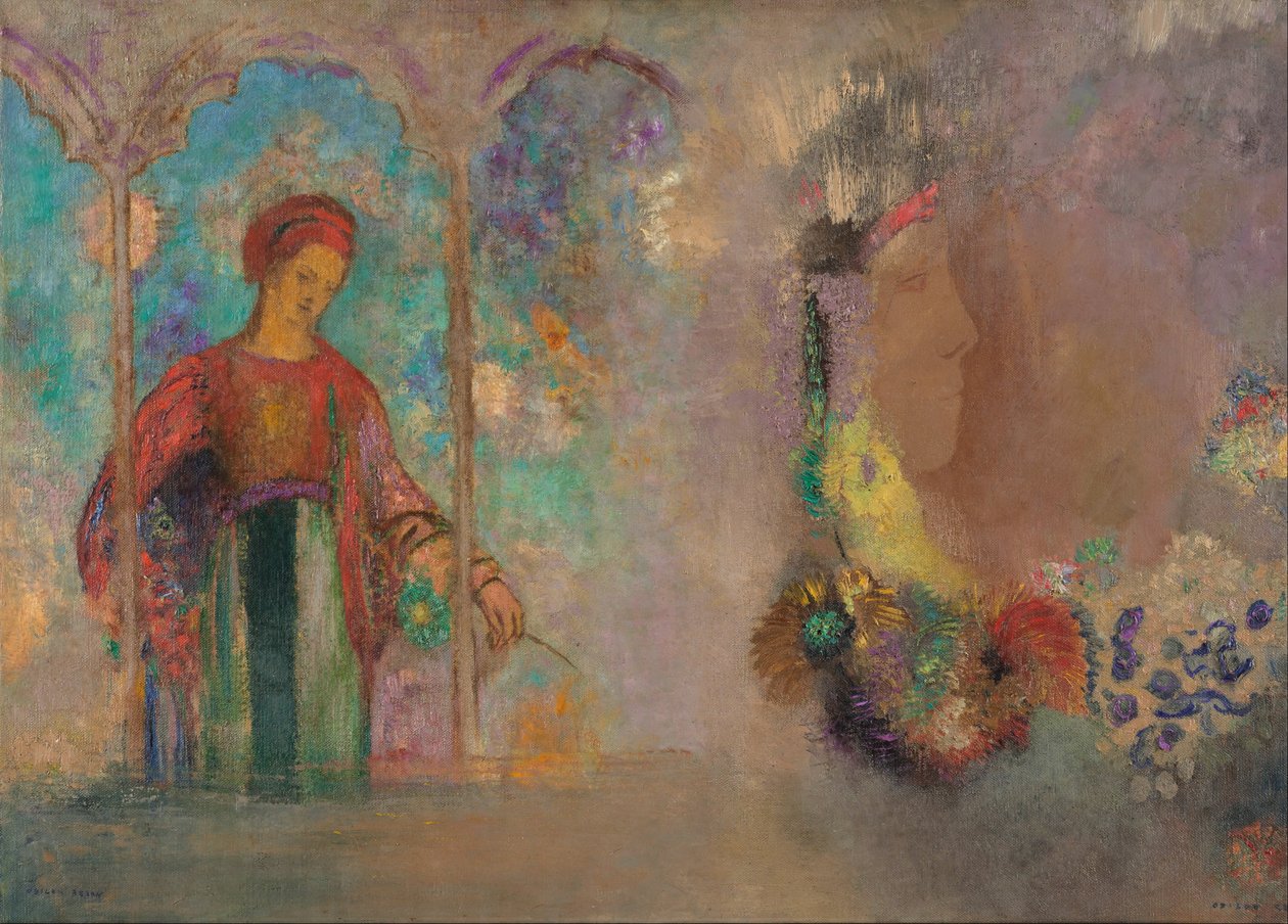 Mujer en una arcada gótica - mujer con flores de Odilon Redon