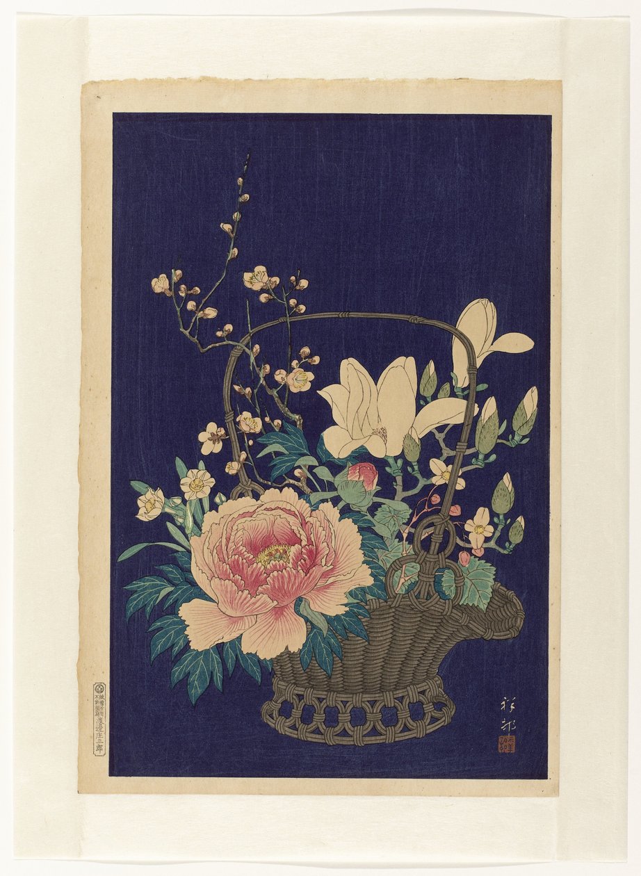 Cesta de flores de bambú de Ohara Koson