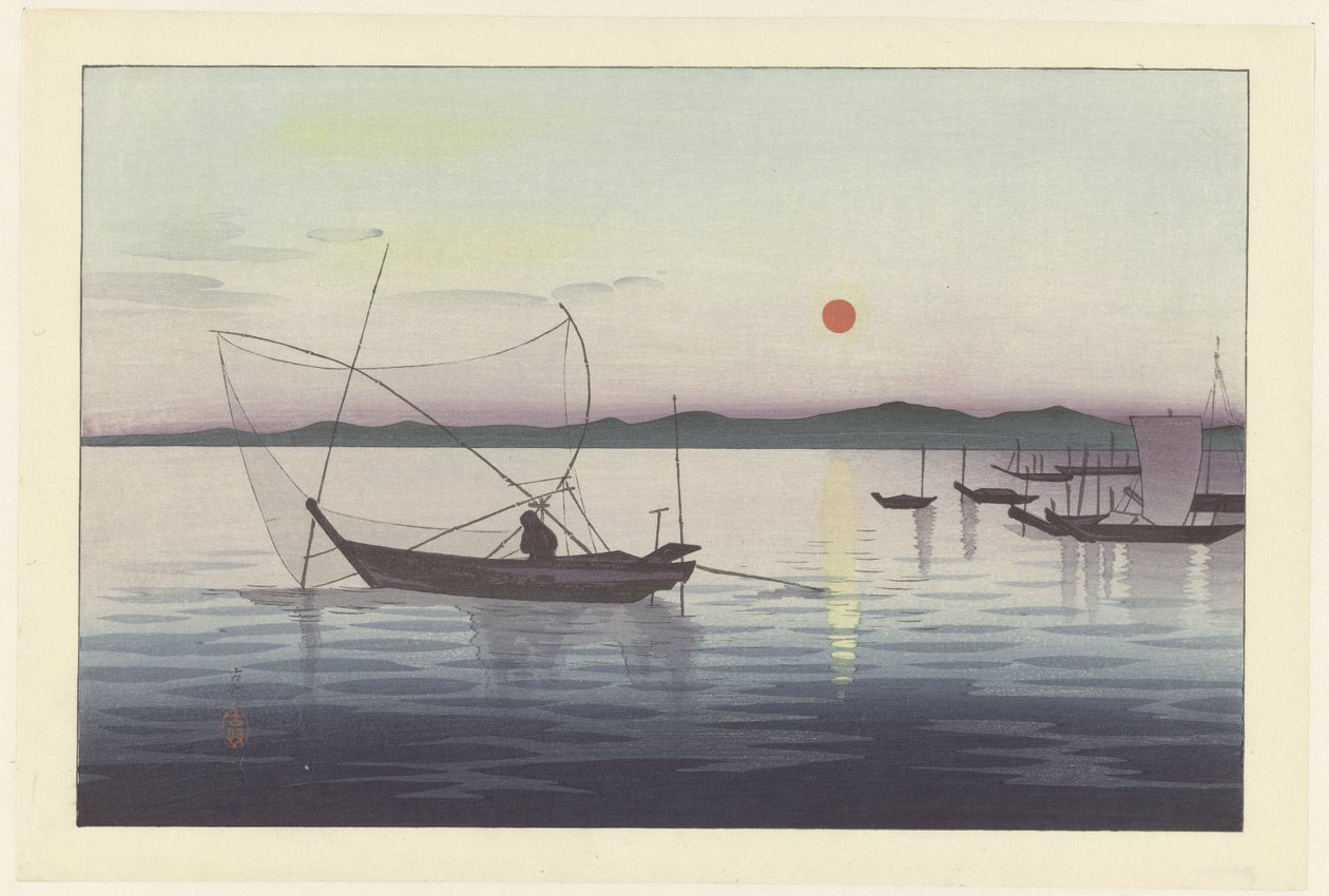 Barcos y sol poniente. de Ohara Koson