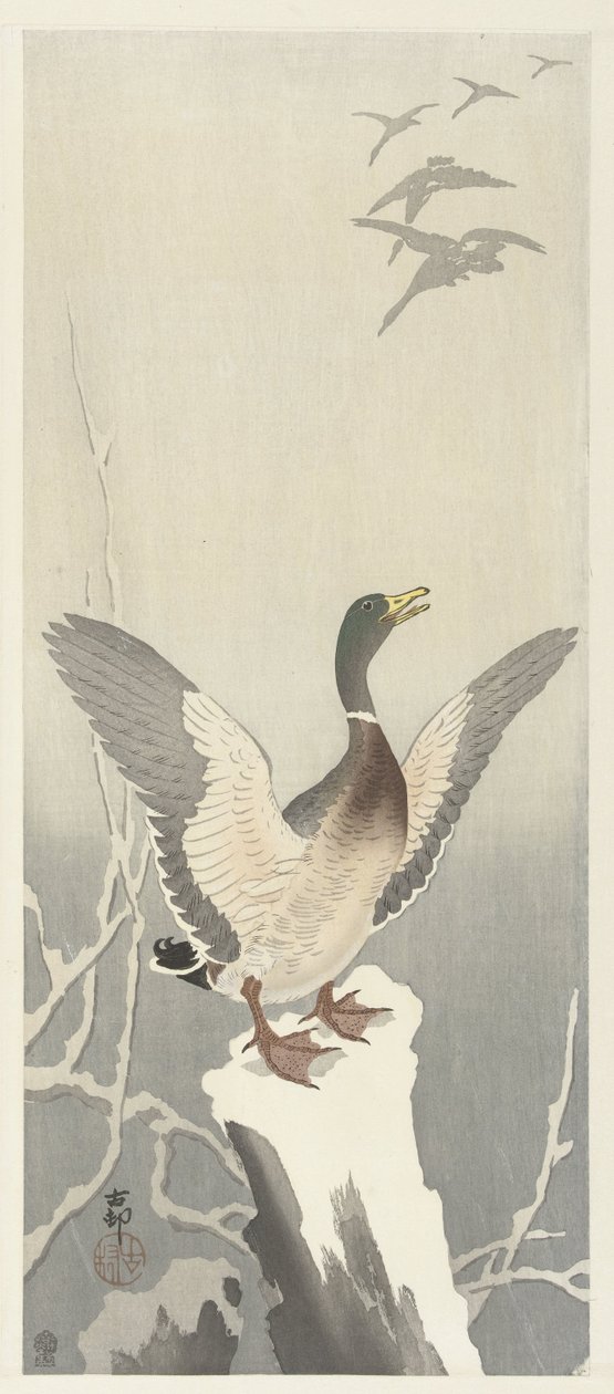 Pato en tocón de árbol cubierto de nieve de Ohara Koson