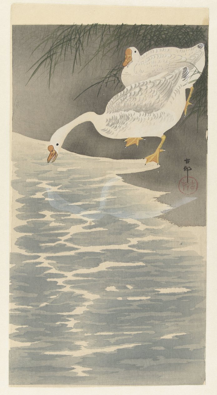 Gansos en la orilla de Ohara Koson